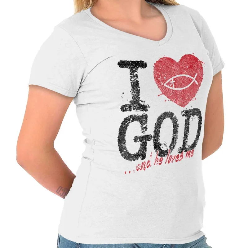 I Love God Junior Fit V-Neck T-Shirt Wool Fabric Cashmere Fabric Tweed Fabric