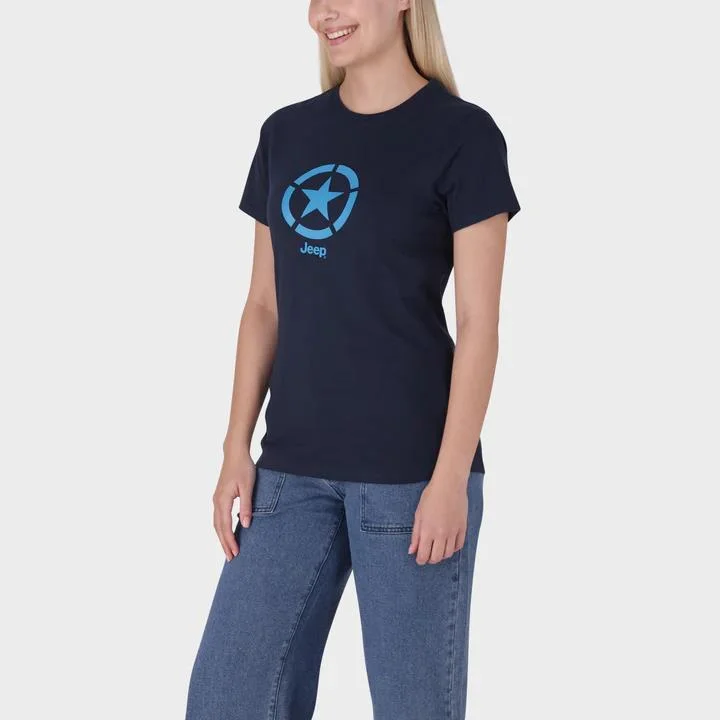 Jeep Womens Iconic Star Short Sleeve Tee Navy Asymmetrical Pockets Print