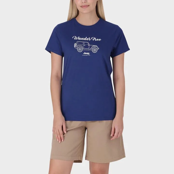 Jeep Womens Wander Free Car Graphic Short Sleeve Tee Lazuli Blue Solid Print Embellished