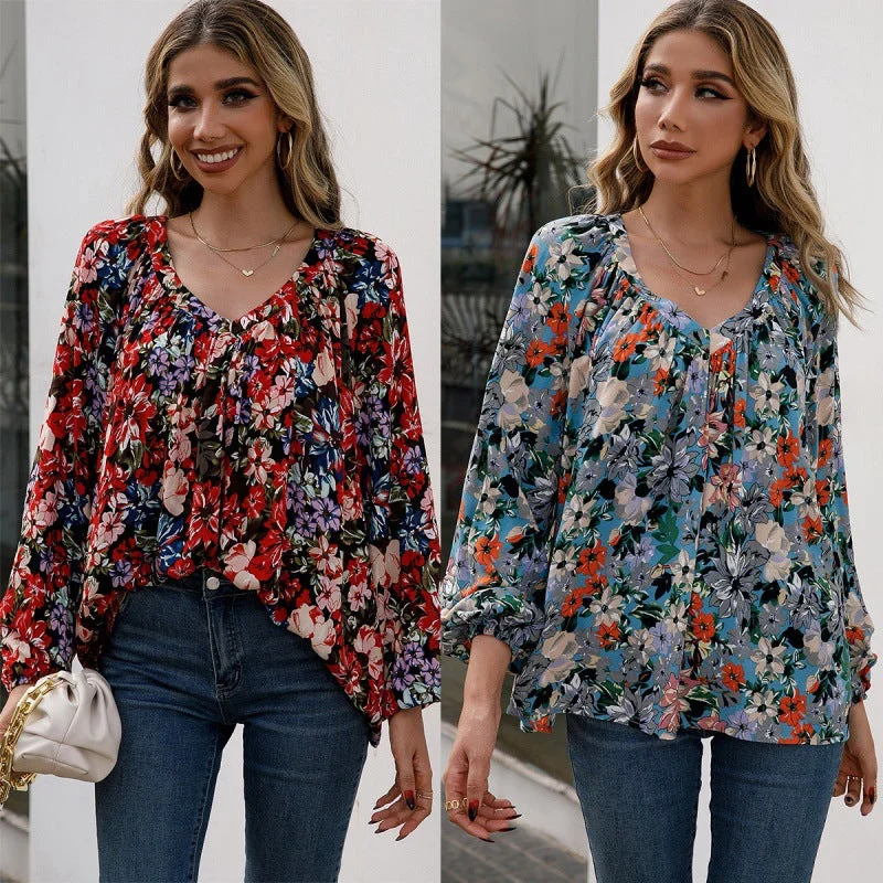 Loose Casual Small Floral Long Sleeve V-Neck Shirt Iron Safe Non-Iron Wrinkle Free