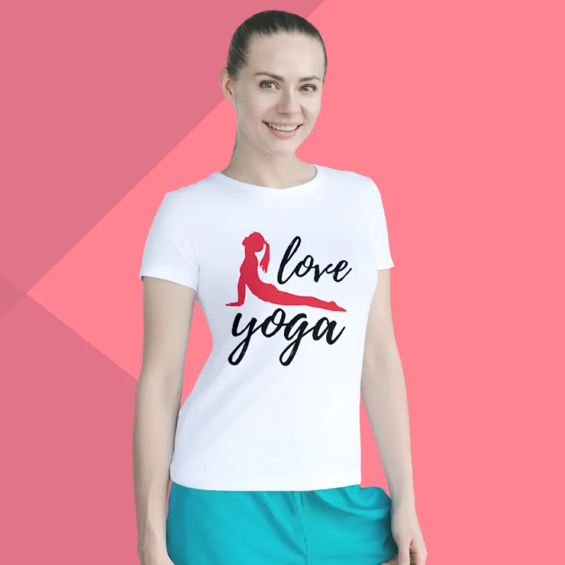 Love Yoga Print Women's White T-Shirt - T-Shirt for Yoga Lover's Fleece Nylon Spandex