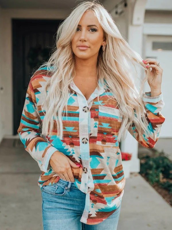 Multicolor Aztec Print Buttoned Pocket Chest Long Sleeve T-shirt V-Neck T-Shirt Long Sleeve Cotton