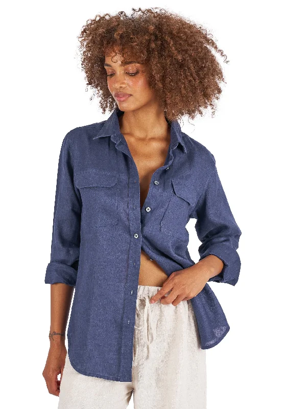 Lete-Linen Navy Blue Classic Linen Shirt With Pockets Fleece Nylon Spandex