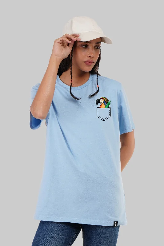 Parrot Pocket Graphic Light Blue Boyfriend Fit T-Shirt Women Spandex Blend Rayon Blend Denim Blend