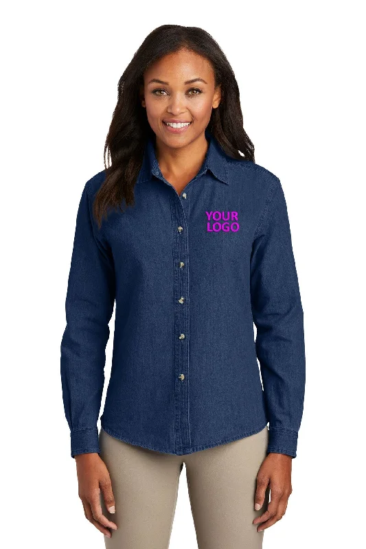 Port & Company Ladies Long Sleeve Custom Denim Shirts, Ink Blue Graphic Embroidered Appliqued