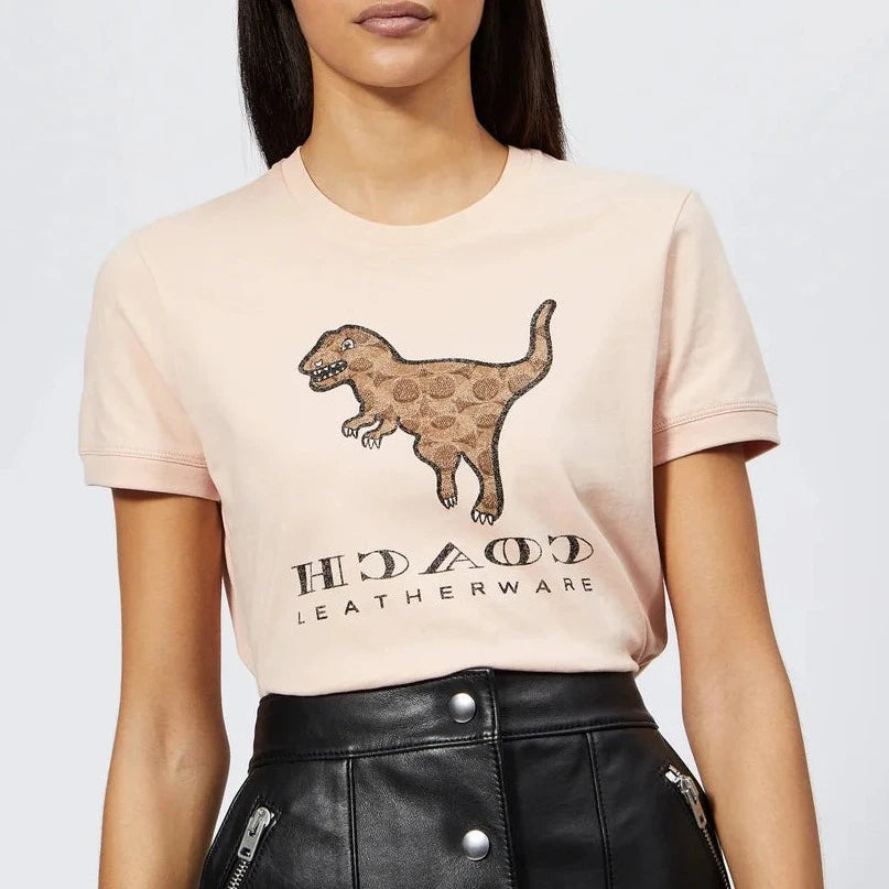 Dinosaur Print  Realex Fit  Printed Cotton T-shirt Notch Collar Peter Pan Collar Cowl Neck