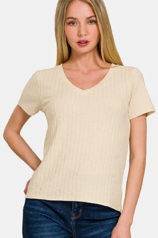 Ribbed Short Sleeve T-Shirt Anti-Pilling Machine Wash Handmade