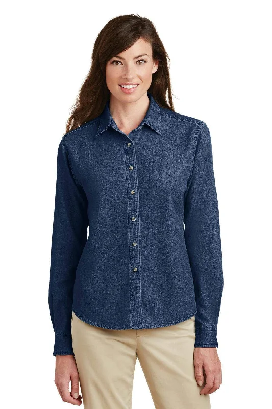 Port & Company - Ladies Long Sleeve Value Denim Shirt.  LSP10 Asymmetrical Pockets Print