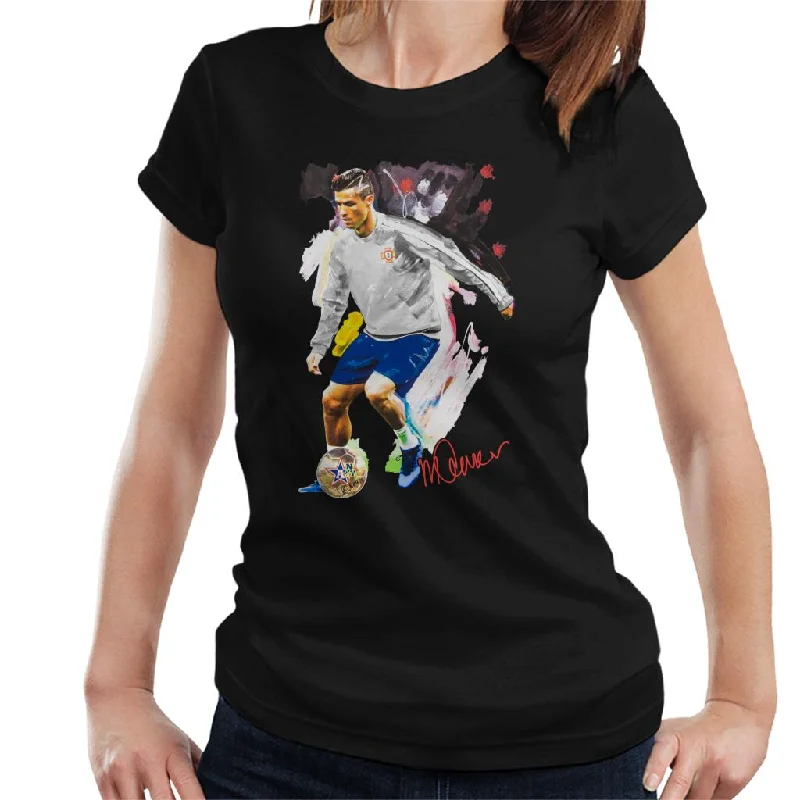 Sidney Maurer Original Portrait Of Cristiano Ronaldo Dribbling A Football Women's T-Shirt Elegant Classic Vintage