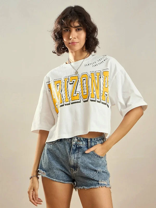 Women White ARIZONA Printed Crop T-shirt Notch Collar Peter Pan Collar Cowl Neck