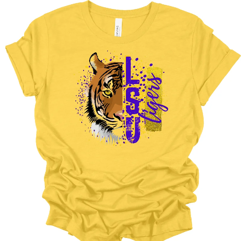 Women's Bella Canva Heather Yellow LSU Shirt SKU#BCHY3001CVCS66 Nylon Fabric Polyester Fabric Spandex Fabric