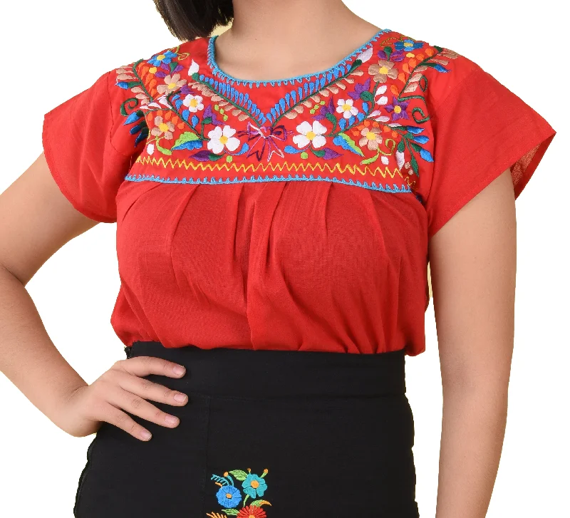 Womens Traditional Embroidered Manta Shirt Floral Neckline Red Iron Safe Non-Iron Wrinkle Free