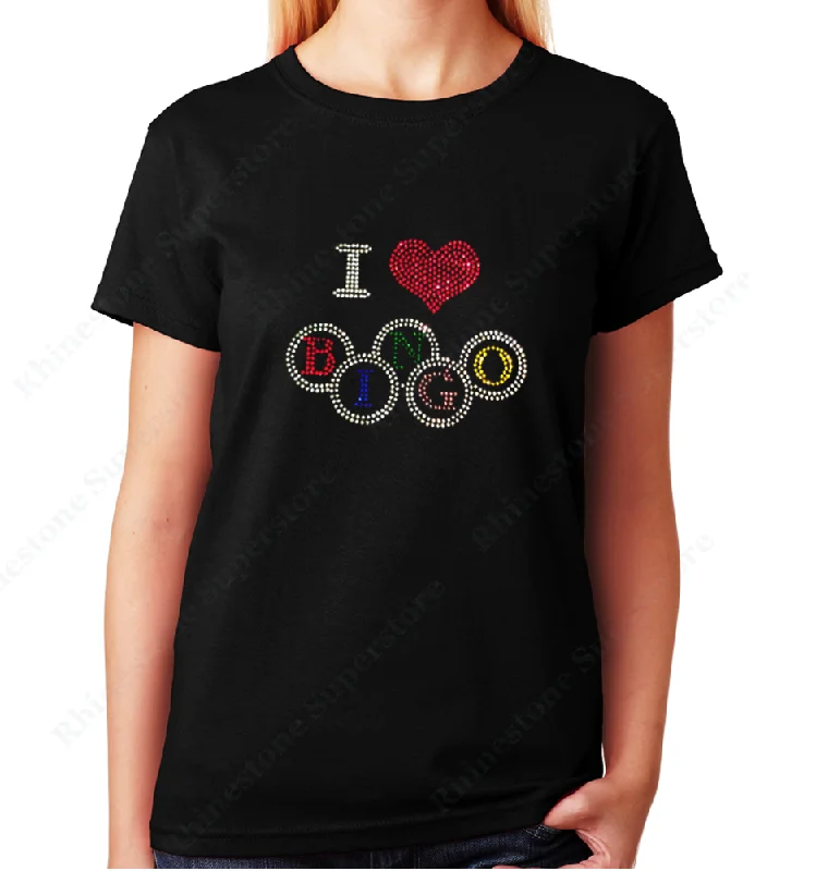 Women's / Unisex T-Shirt with I Love Bingo in Rhinestones Beaded Sequined Faux Fur