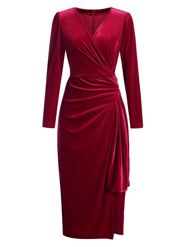 1960s Solid Twist V-Neck Velvet Dress