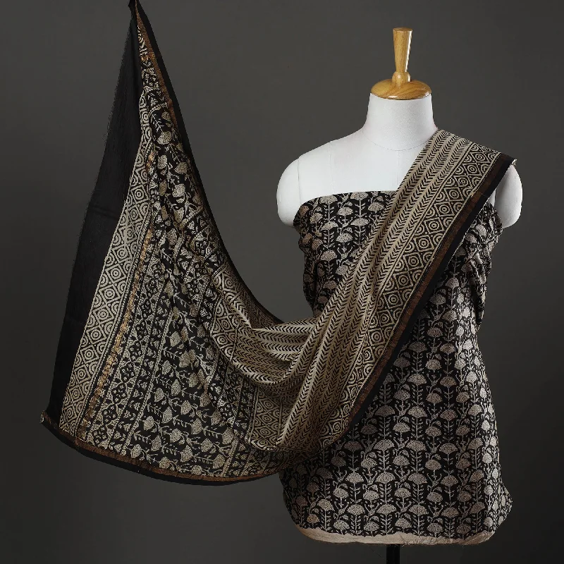 Black - 3pc Bagru Print Chanderi Silk Dress Material 04