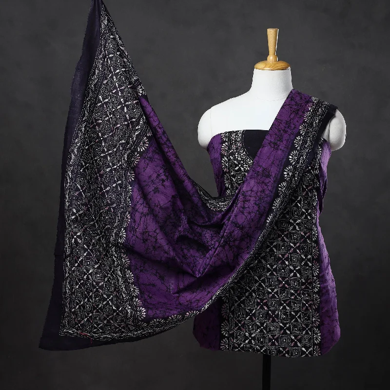 Purple - 3pc Kantha Embroidery Batik Print Cotton Dress Material 04
