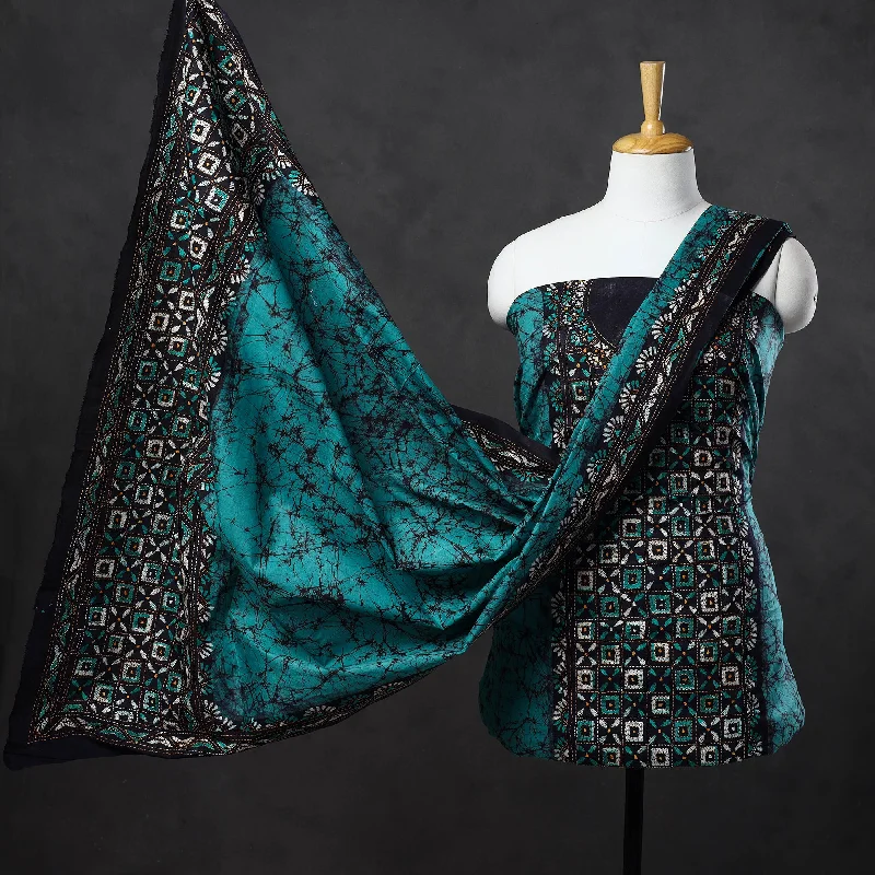 Green - 3pc Kantha Embroidery Batik Print Cotton Dress Material 07