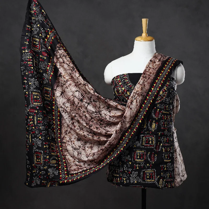 Brown - 3pc Kantha Embroidery Batik Print Cotton Dress Material 08