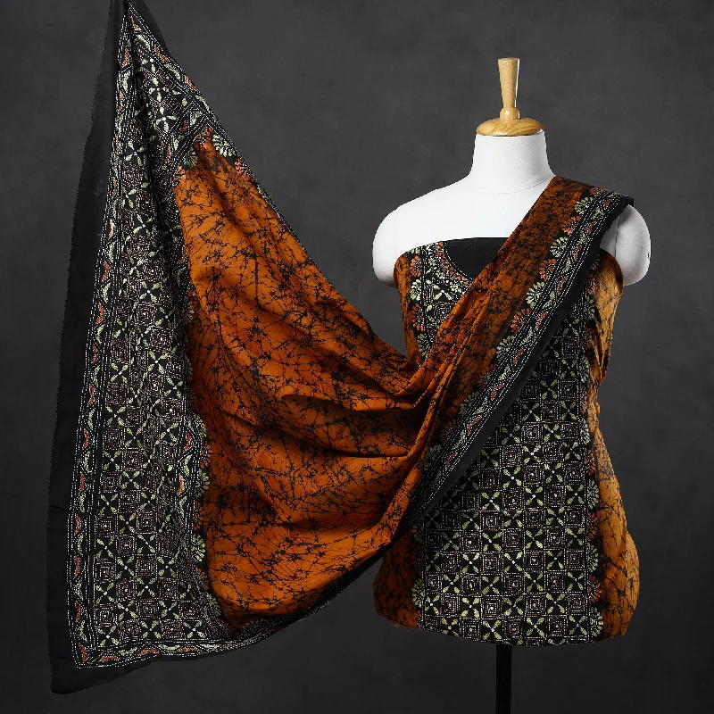 Orange - 3pc Kantha Embroidery Batik Print Cotton Dress Material 09
