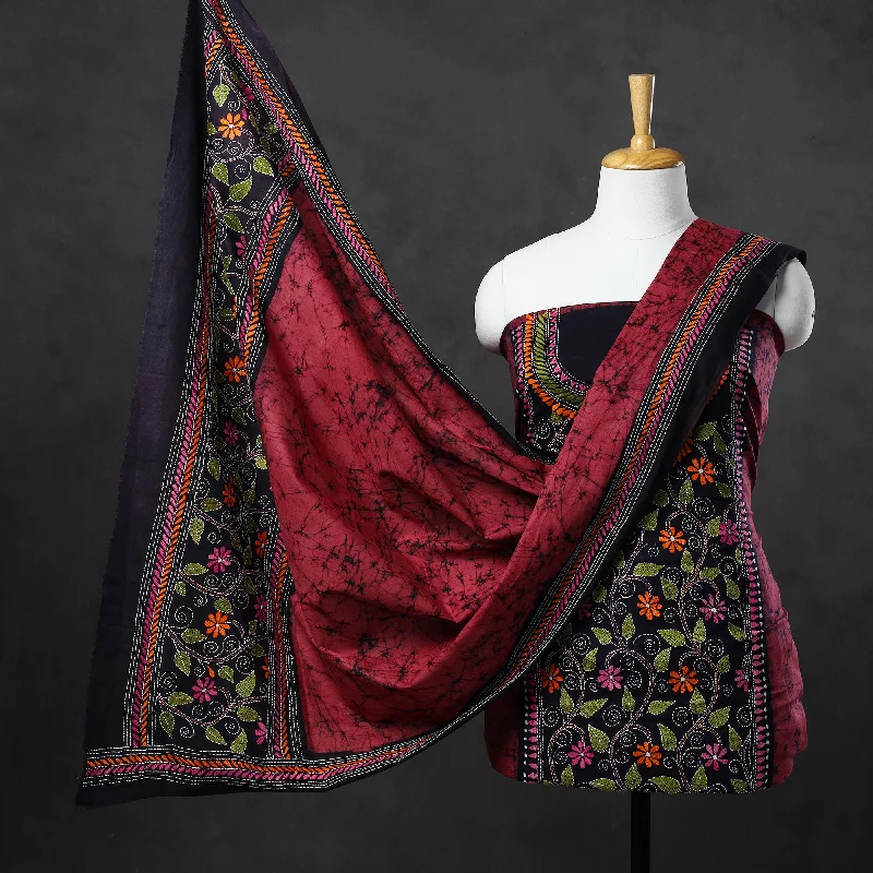 Pink - 3pc Kantha Embroidery Batik Print Cotton Dress Material 10