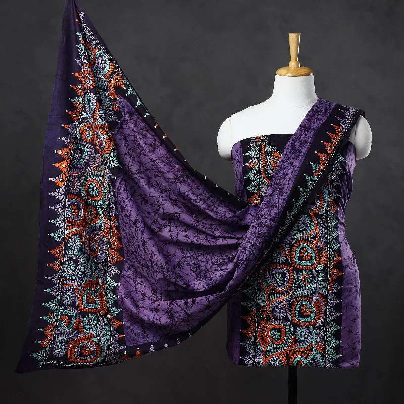 Purple - 3pc Kantha Embroidery Batik Print Cotton Dress Material 14