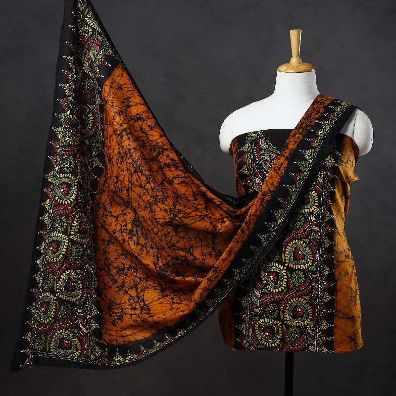 Orange - 3pc Kantha Embroidery Batik Print Cotton Dress Material 15