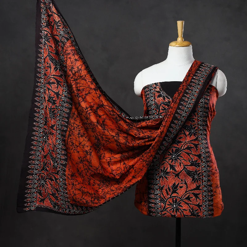 Orange - 3pc Kantha Embroidery Batik Print Cotton Dress Material 16