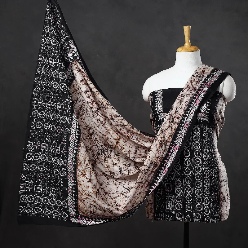 Beige - 3pc Kantha Embroidery Batik Print Cotton Dress Material 17