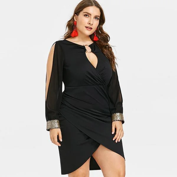 ANALUKE  Keyhole Neck Sequined Slit Sexy Dress