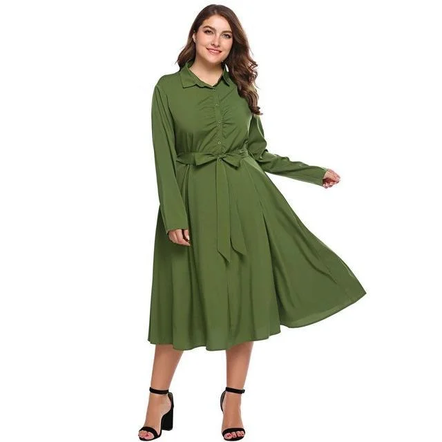 ANALUKE Vintage Turn Down Collar Belted Casual Dress