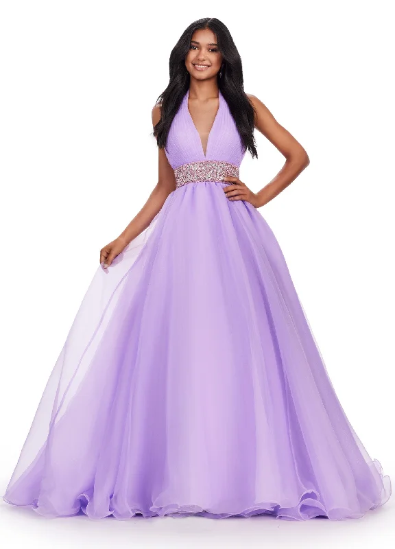 Ashley Lauren 11546 Long Prom Dress Organza Ball Gown with Beaded Belt Formal Pageant Gown