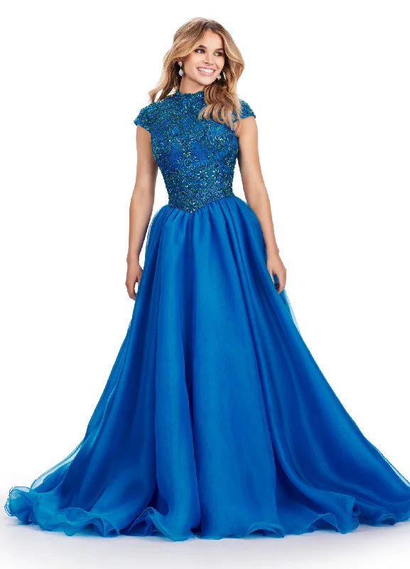Ashley Lauren 11548 Long Prom Dress Organza Ball Gown Cap Sleeves Beaded Bustier Formal Pageant