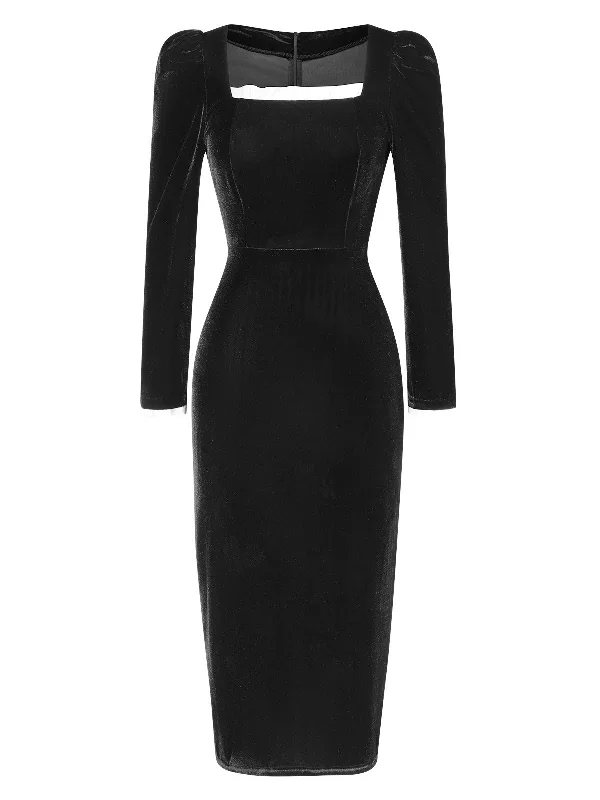 Black 1960s Solid Square Neck Velvet Dress
