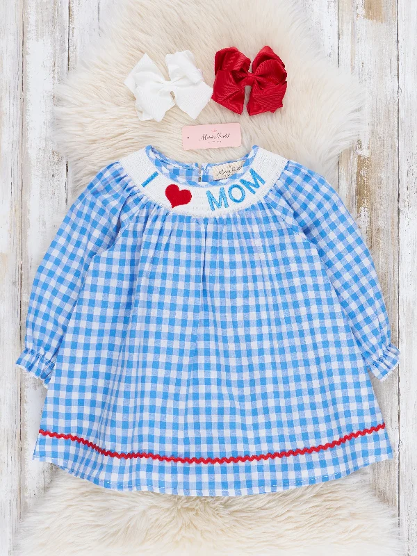 Blue Gingham Smocked Mom Love Dress