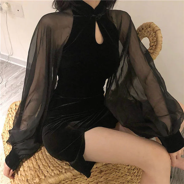 cheongsam balloon sleeve high waist velvet dress