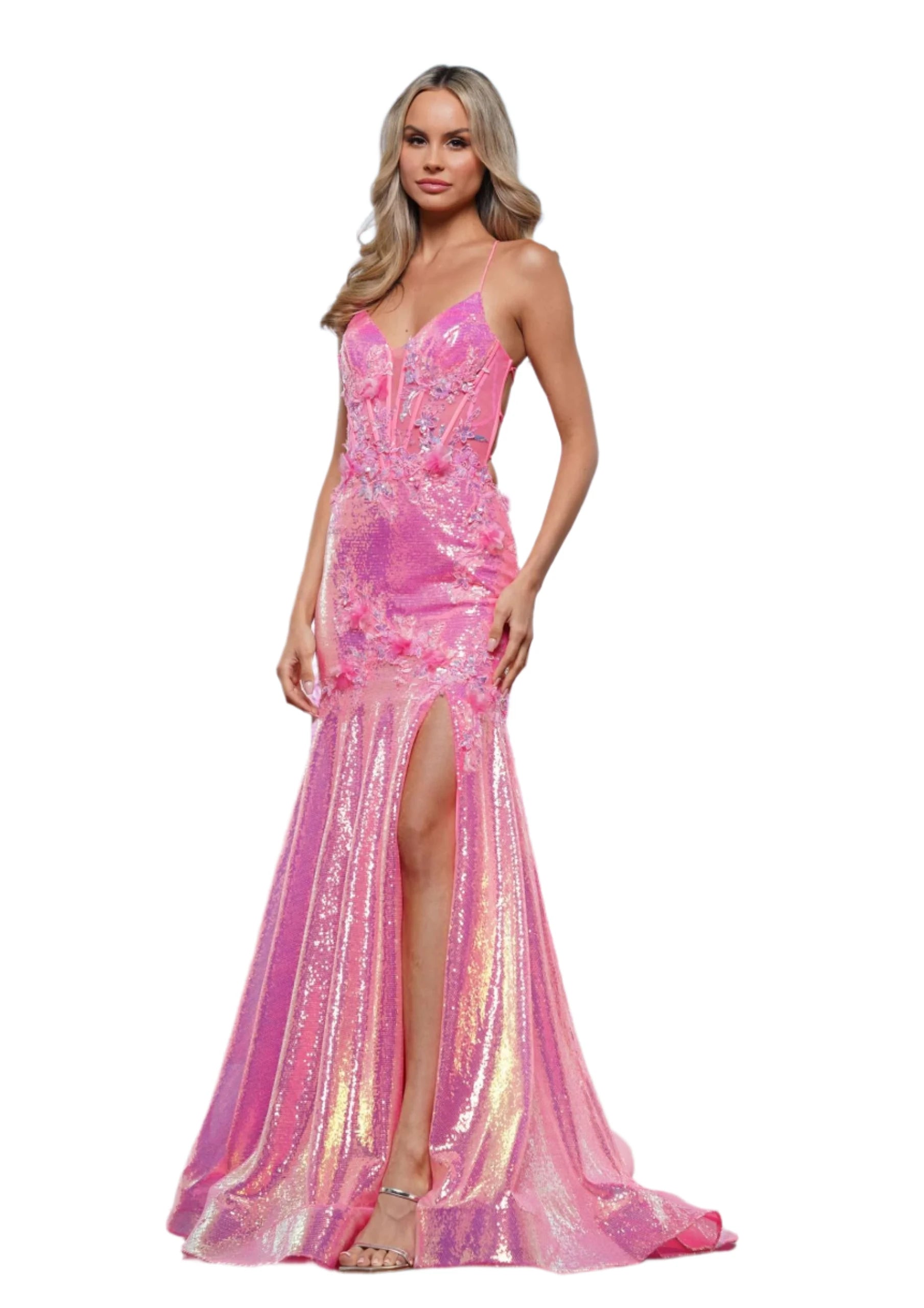 Colors Dress 3540 Size 12 Hot Pink Sheer Sequin Mermaid Corset Prom Dress Slit Pageant Gown Backless