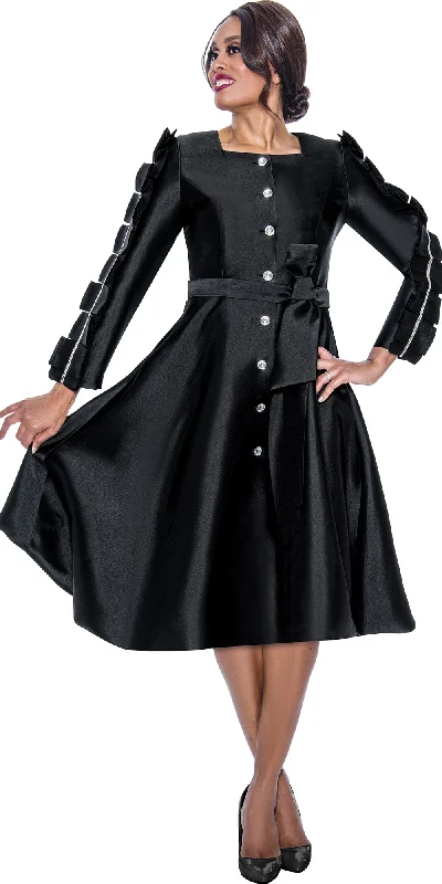 Dresses by Nubiano 12381 - Black - Button front Silky Twill Dress with Embellishments