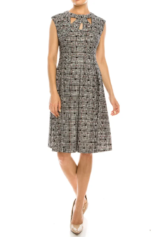 Gabby Skye Black White Red Polka Dotted Plaid Textured Dress