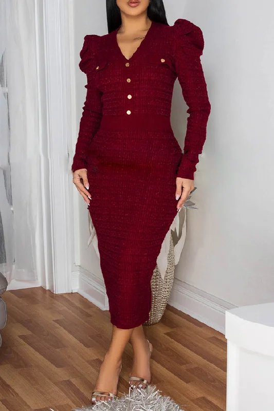 Chic Gigot Sleeve V-Neck Dress