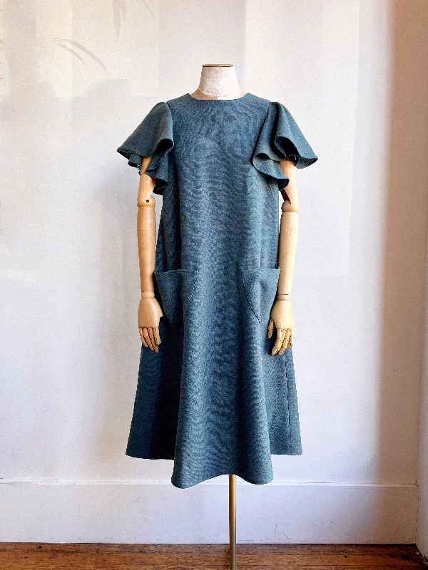 Pale Blue/Green Woven Fabric Chore Dress w/ Flutter Sleeve