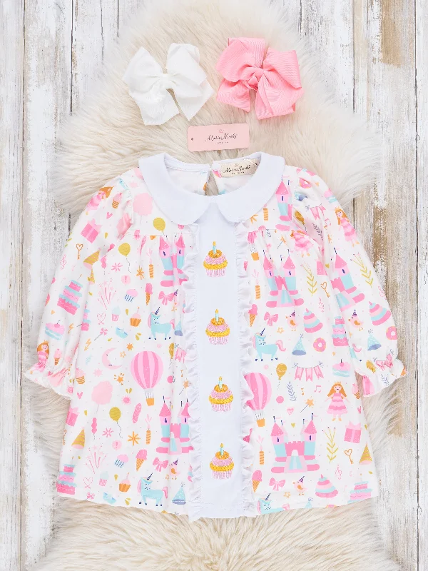 Pink & White Embroidered Birthday Cake Dress
