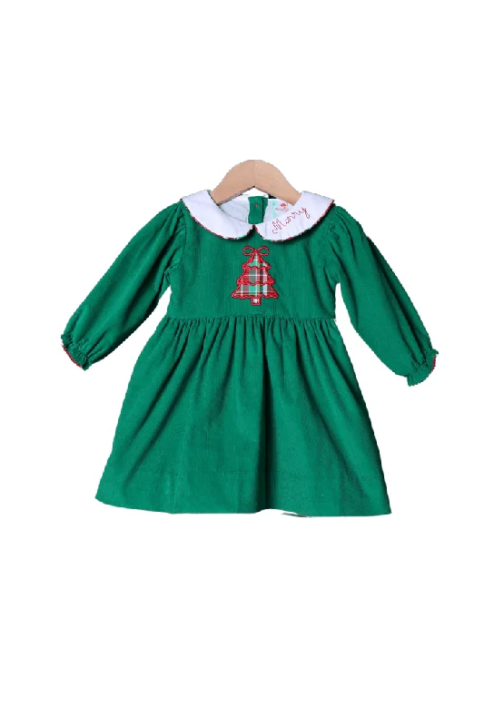 Applique Plaid Merry Christmas Tree Green Corduroy Dress