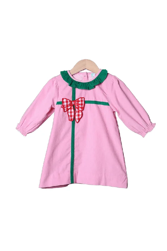 Applique Present Pink Corduroy Dress