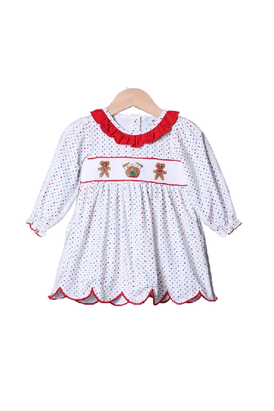 Smocked Gingerbread Mouse Knit Polka Dot Dress