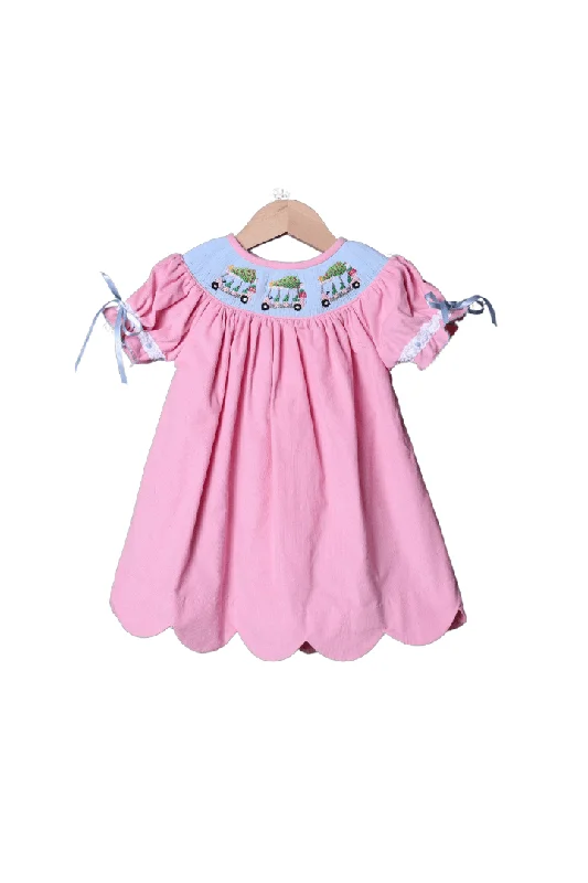 Smocked Christmas Golf Cart Pink Corduroy Dress