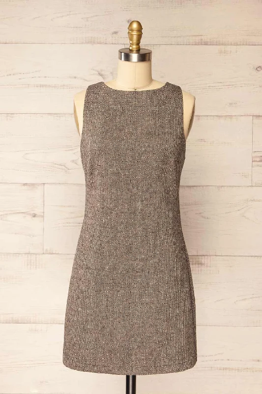 Psychee | Short Herringbone Dress w/ Boat Neck