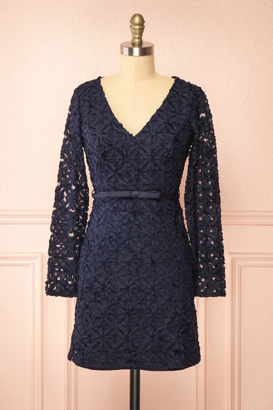 Rafaelle | Short Navy 3D Mesh Lace Dress