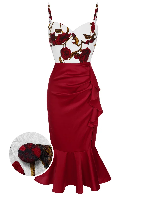 [Pre-Sale] Red 1930s Spaghetti Strap Rose Mermaid Dress