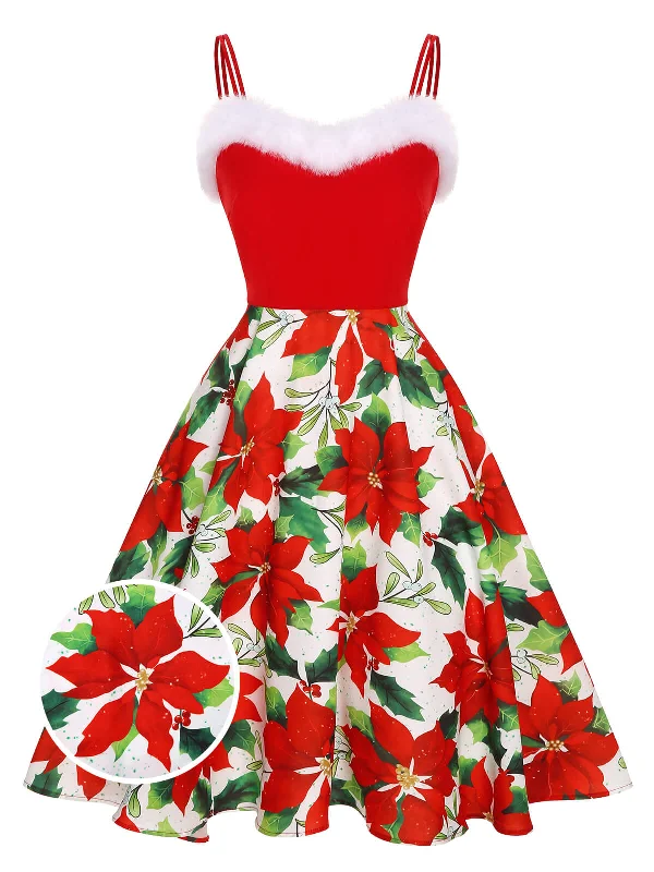 [Pre-Sale] Red 1950s Christmas Poinsettia Shaggy Trimmed Dress