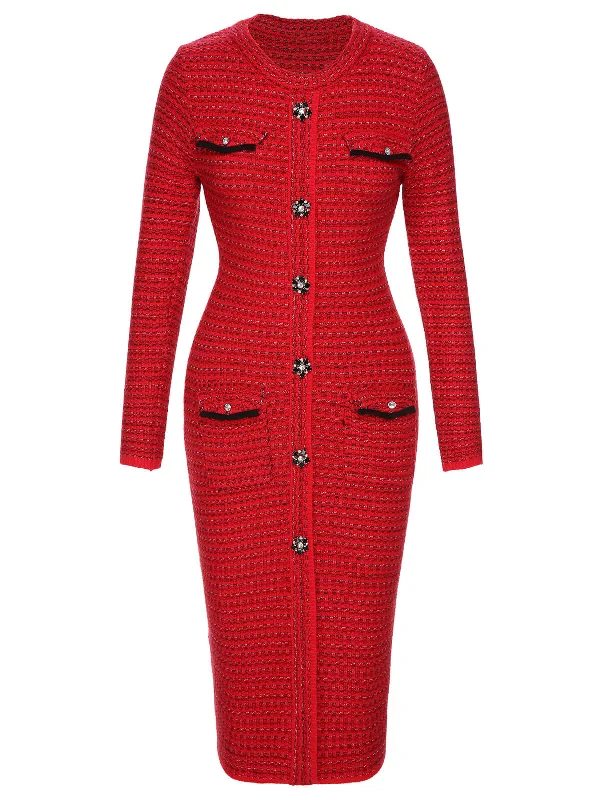 Red 1960s Christmas Jacquard Tweed Pencil Dress